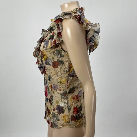 EUC - D&G Romantic Richly Colored Semi Sheer Floral Short Sleeve Ruffled Blouse - Picture 4 of 7